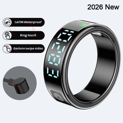 2026 New Smart Ring Display Screen Gestures Brush Video 5ATM Waterproof Remote Camera Blood Pressure Monitoring For Men Women