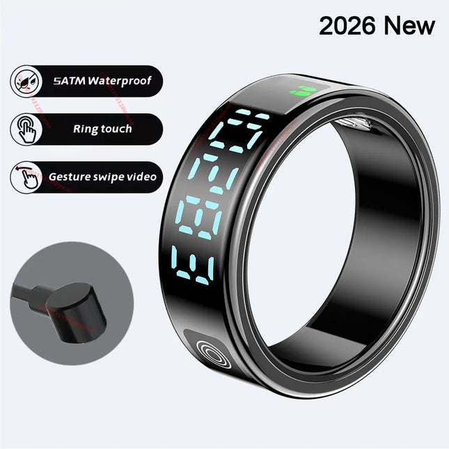 2026 New Smart Ring Display Screen Gestures Brush Video 5ATM Waterproof Remote Camera Blood Pressure Monitoring For Men Women