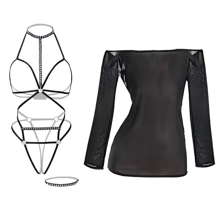 1 Set Sexy Hanging Neck Hollow Out Large Size Open Crotch Bodysuit & Long Sleeve Black Mesh Sheer Top Uniform Set For Women