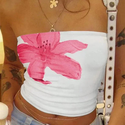Women's Floral Printed Tube Top Summer Sexy Off the Shoulder Crop Top Streetwear