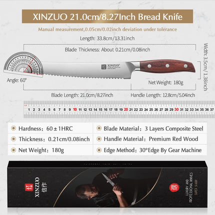 XINZUO 8.2 Inches Bread Knife High Hardness Steel 3 Layers Composite Steel Hardness 60±1HRC Wooden Handle Cut Bread Cake