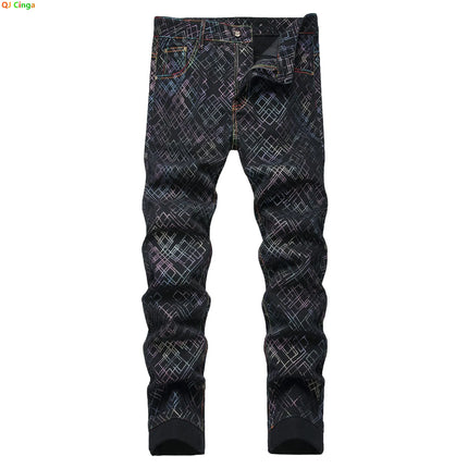 Men's Black Jeans for Spring and Fall, Checkered Print Pants, Stylish Casual Trousers, Asian Sizes 28–42.