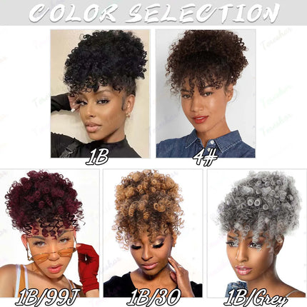 Synthetic Afro Puff Kinky Curly Hair Updo Ponytail Extension with Bangs Drawstring Ponytail for Black Women, Afro Hair Ponytail