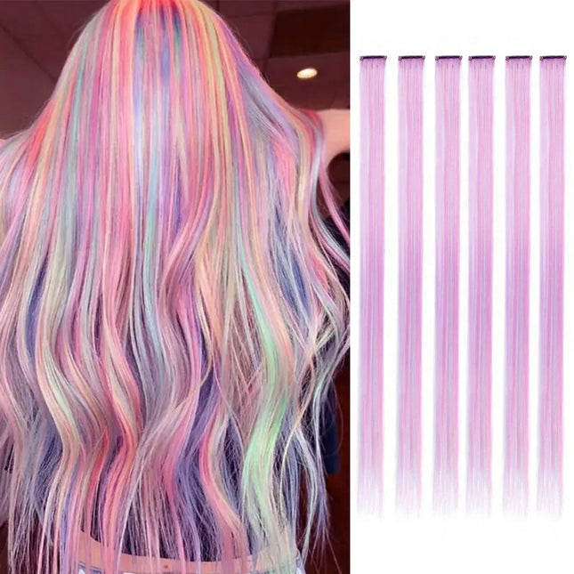 Clip in One Piece Hair Extension 6pcs/pack Unicorn Color Rainbow Pink Blue Purple Mixed Color Clip in Synthetic Hair Accessories