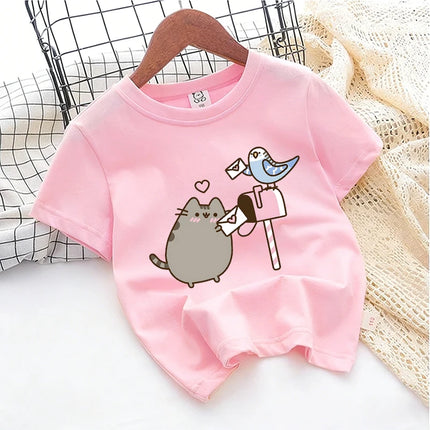Cute Pusheens Children's Cotton T-shirt Short Sleeve Clothes Anime Popular Cartoon Kids Girl Tees Streetwear Toddler Casual Tops