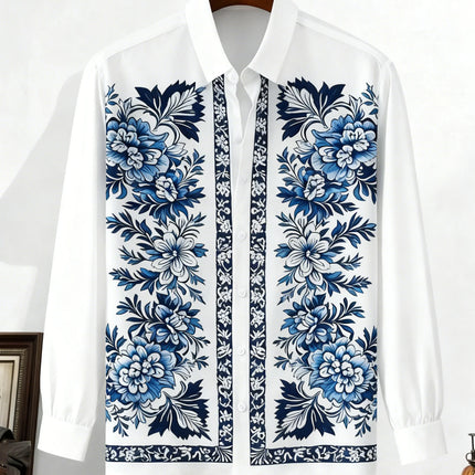 Men's New Long-sleeved Plant Vine French 3D Printed Shirt Hawaiian Beach Vacation Outdoor Party Outer Wear Xmas Shirt Dress Man