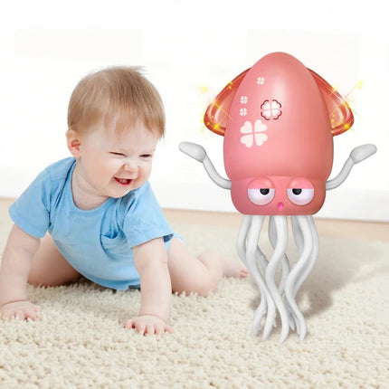 Rechargeable Dancing Octopus Toy, Baby Crawling Trainer Auto Obstacle Avoidance with Sound Light Music & Fishing Game