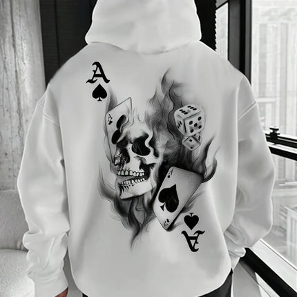 Skull & Card Print Street Men Women Hooded Sweatshirt Autumn Winter Daily Outdoor Vacation Fitness Casual Loose Warm Sportswear