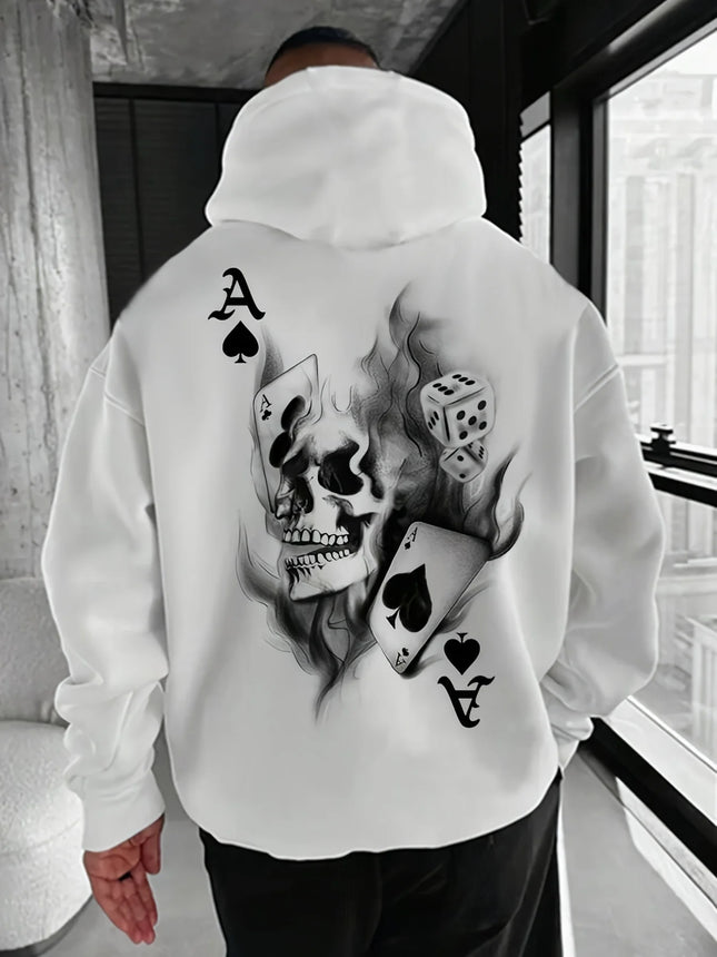 Skull & Card Print Street Men Women Hooded Sweatshirt Autumn Winter Daily Outdoor Vacation Fitness Casual Loose Warm Sportswear
