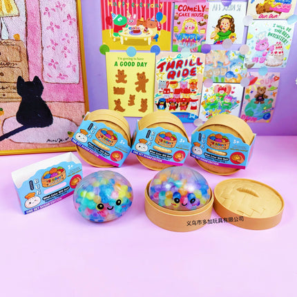 Rainbow Dumpling Squishy with Bead Sensory Squeeze Toy for Stress Relief with Bamboo Steamer Funny Gift