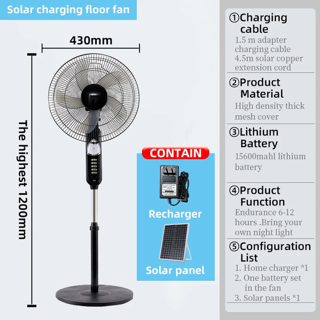 Solar Powered Floor Fan 6 - 12H Runtime3 Speed Adjustable Portable Floor Fan for Home Blackout Emergency USB Port & Night Light