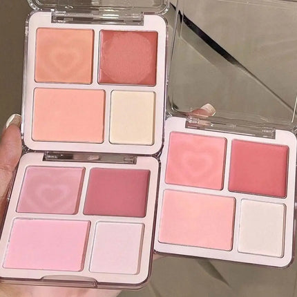 4-Color Pink Peach Blush & Highlighter Palette - Matte Cream Powder, Brightening Color-Boosting Cheek Makeup Rouge
