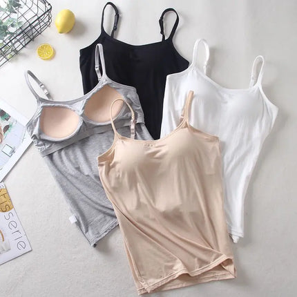 2020 Women Solid Tank Tops Adjustable Strap Built In Cup Padded Wireless Camisole Camis Vest Female Home Basic Tank Top