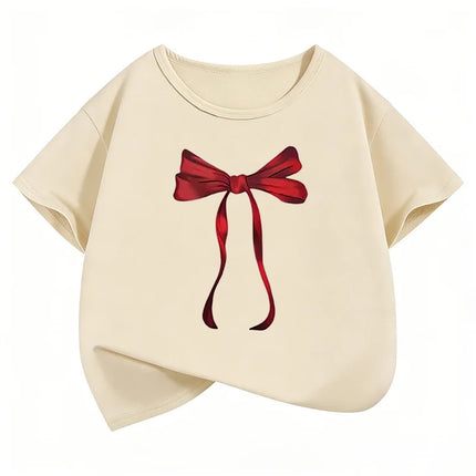 Y2k Red Bow Design Printed Funny T Shirts Graphic Kids Short Sleeve T-shirt Boys Girls Summer Spring Casual Top Tee Shirt
