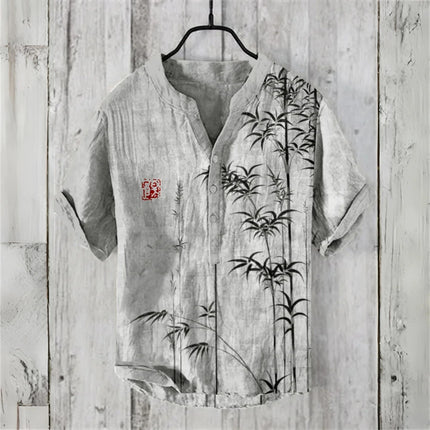 Chinese Retro Men's Short-Sleeved POLO Shirt Linen Blended Printed Clothing Comfortable High Quality Large Size Men's Tops