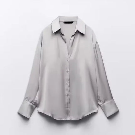 Classic Silk Satin Feel Shirt New Spring Collection Long Sleeve Polyester Fabric Women's Premium Fashion Regular Length