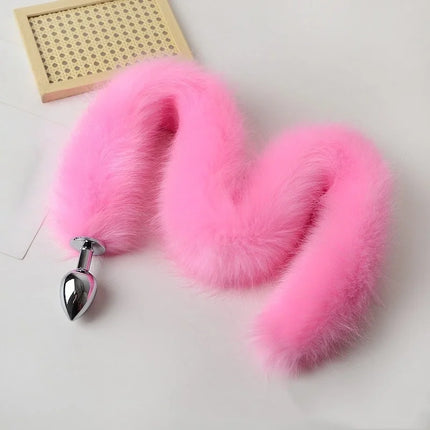 Anal Sex Toys of Long Pink Faux Fur Fox Tail with Stainless Steel Metal Butt Plug for Fetish Fantasy Flirting Adult Supplies