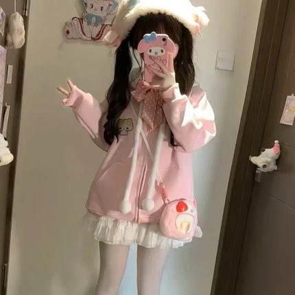 Kawaii Sweet Long Sleeve Hooded Hoodie Autumn New Japanese Pink Loose Lovely Coat Women's Design Warm Pretty Embroidery Overcoat