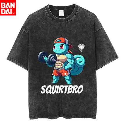 Pokemon Squirtle Squirtbro Gym Parody T Shirt Men 2026 Summer Vintage Acid Wash Oversized Tee Anime Streetwear
