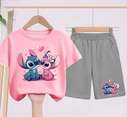 Kids Disney Stitch Print Summer Cute Breathable Tees + Shorts 2pcs 3-12 Years Boy Girls Round-neck Set Children Leisure Clothing