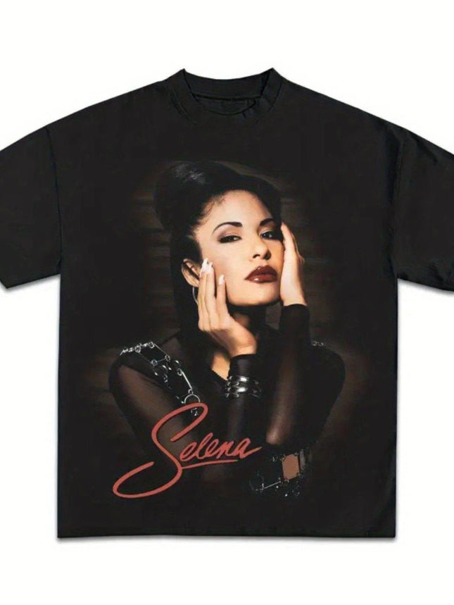 Men's Selena Prez Inspired Black  Bohemian Style Short Sleeve Crew Neck Vibrant Selena Quintanilla Portrait Couple T-Shirt