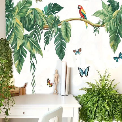 Tropical Parrot Butterfly Palm Tree Wall Stickers  Green Plant Jungle Nature Wall Decals Bedroom Bathroom Kitchen Home Decor