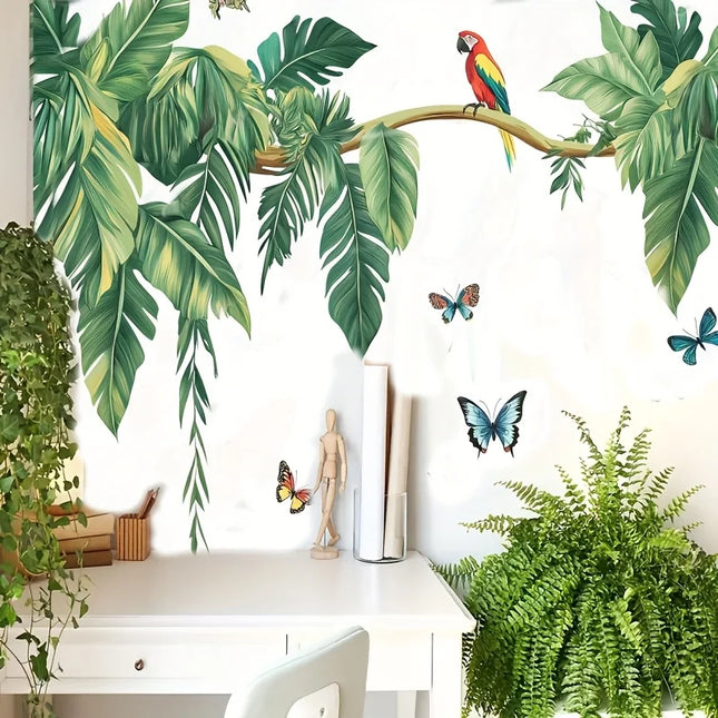Tropical Parrot Butterfly Palm Tree Wall Stickers  Green Plant Jungle Nature Wall Decals Bedroom Bathroom Kitchen Home Decor