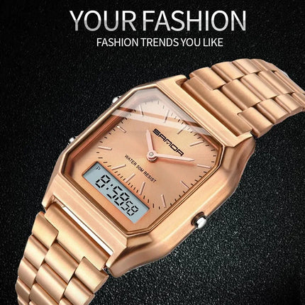 SANDA P747  Dual Display Clock Unisex Waterproof Sports Quartz Watch Luxury Mens Style Watches Stainless Steel Women LED Digital