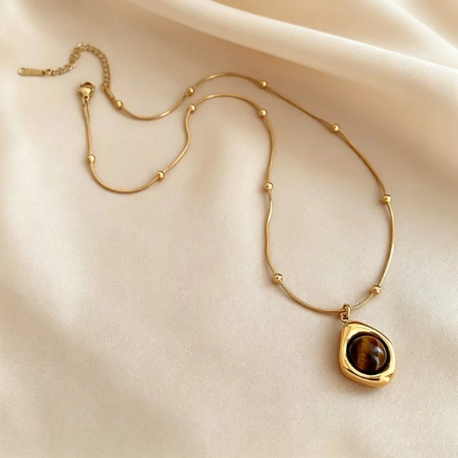 Retro Temperament Layered Tiger Eye Stone Pendant Necklace For Women Stainless steel  Collarbone Chain Sets Jewelry