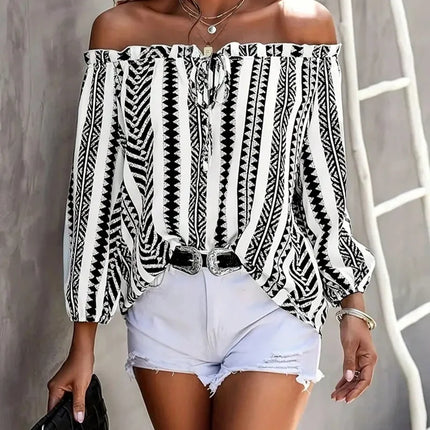 Plus Size 1XL-5XL Women Long Sleeve Sexy Slash Neck Blouse Casual Lacing Up Printed Tops Elegant Female Backless Loose Shirt