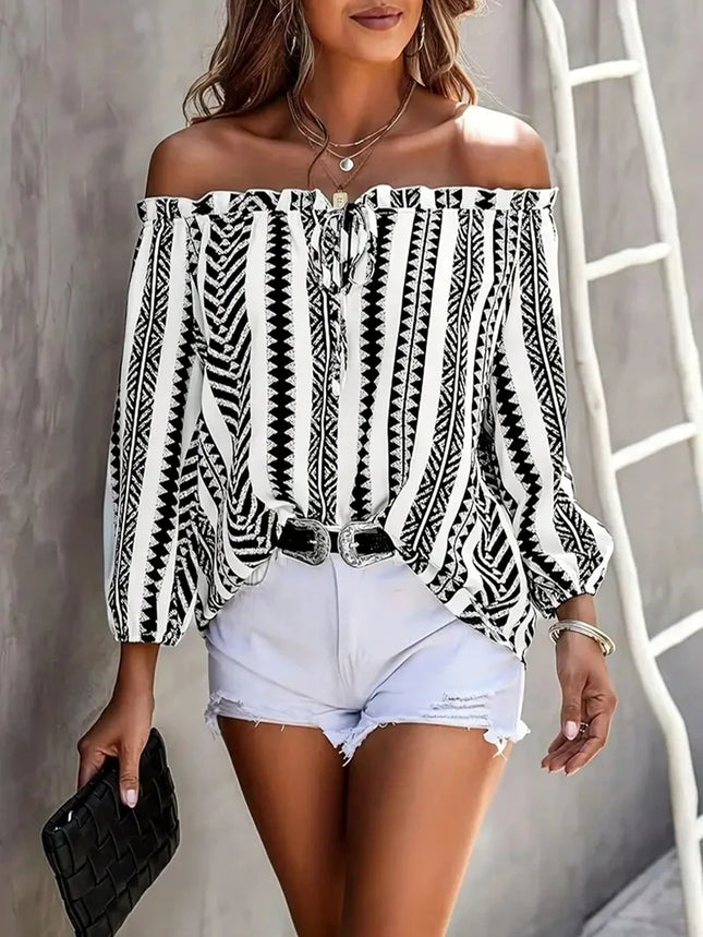 Plus Size 1XL-5XL Women Long Sleeve Sexy Slash Neck Blouse Casual Lacing Up Printed Tops Elegant Female Backless Loose Shirt