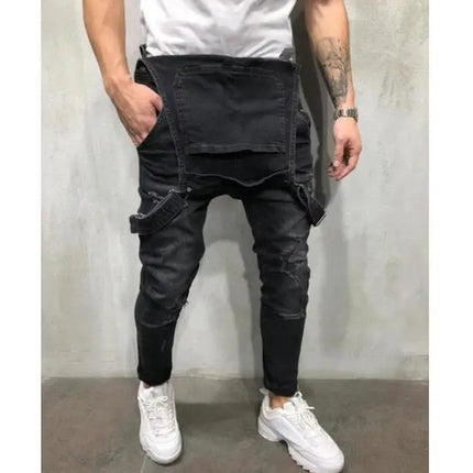 Men Jeans Overalls High Street Ripped Denim Jumpsuits Hip Hop One Piece Cargo Pants Cowboy Male Pockets Hole Suspenders 2024