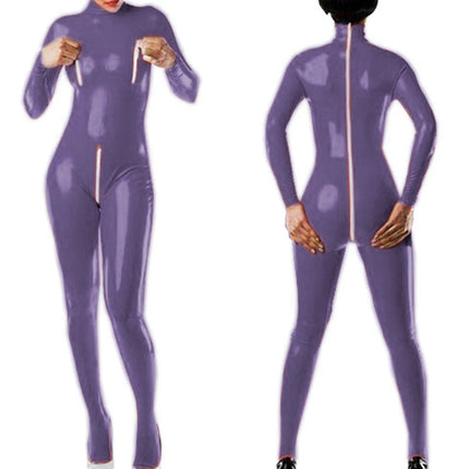 Sexy Faux Leather Jumpsuits for Women High Collar Zipper Open Crotch Open Chest Wet Look Bodysuits Nightclub Clothing Custom