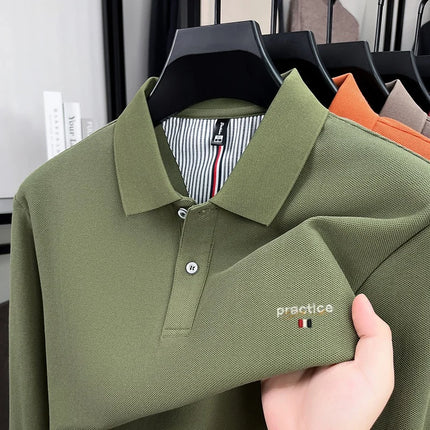 100% pure cotton high-end brand men's long-sleeved polo shirt, autumn fashion hot-selling embroidered golf business T-shirt