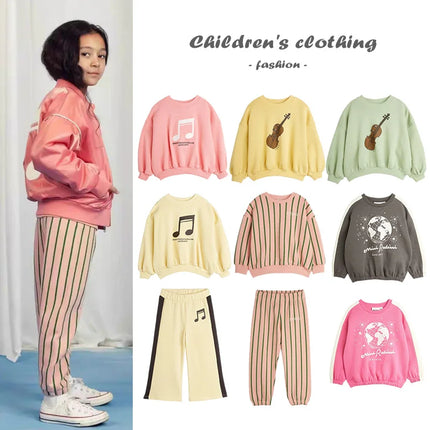 2025 New Children's Set Fashion Cartoon Violin Print Girl Sweatshirt Pants Set Korean Boy Hoodie Pullover Kids Clothes Girls