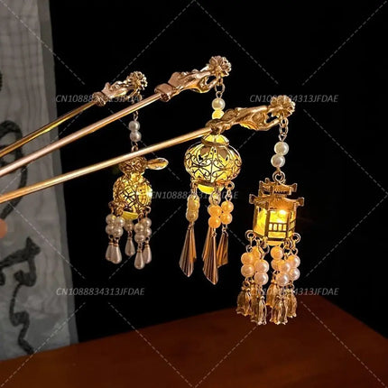 Chinese Style Hair Stick Glowing Lotus Lantern Hairpin Women Ancient Style Palace Lantern Hair Stick Flower Tassel Hair Insert