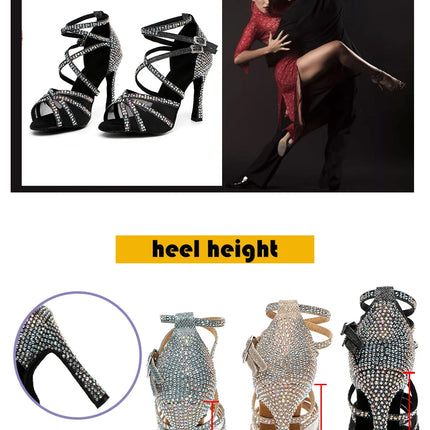 DKZSYIM Rhinestone Women Latin Dance Shoes Latin Salsa Girl Dancing Shoes Black Shiny Ballroom Dance Shoes For Girls Ladies