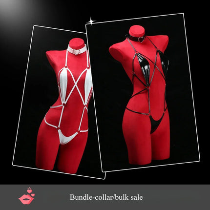 QQ Black Patent Leather Choker Wet Sexy Lingerie Bodysuits Erotic Crotchless Leather Jumpsuit Underwear Costumes Lingerie Set