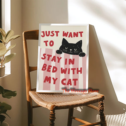 Funny Cats Cartoon Minimalist Drawing Lazy Cat in Bed Cozy Bedroom Pets Lovers Poster Canvas Painting Wall Pictures Home Decor