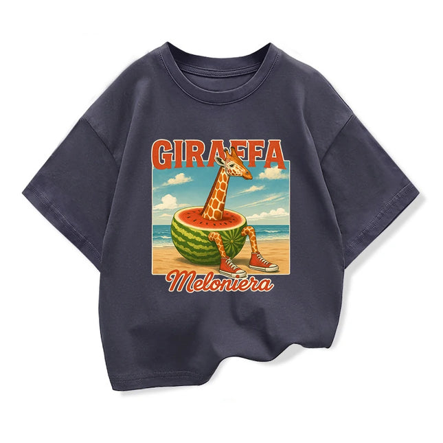 Giraffa Meloniera Graphic T-shirt for Children Funny Italian Brainrot Meme Kids Short Sleeve Tees Boys Girls O-Neck Loose Tops