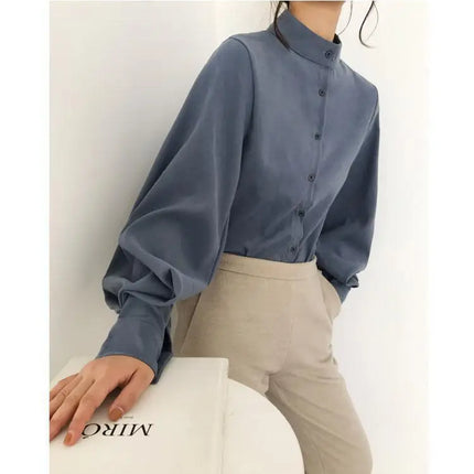 Spring Fashion Women Solid Stand Collar Casual Elegant Fashion Women's Top Clothing Blouse Shirt Lantern Long Sleeve Women's Shirts