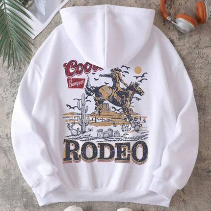 Rodeo Hoodie Women Vintage Cowboy Printing Hooded Fleece Warm Pocket Pullovers Autumn Winter Comfortable Woman Clothing