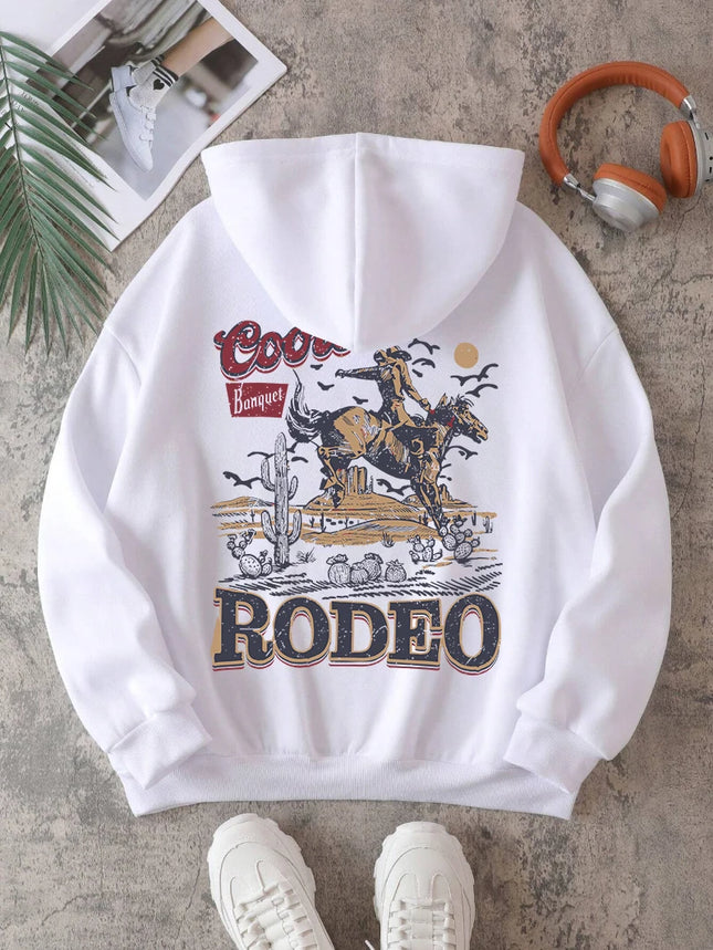 Rodeo Hoodie Women Vintage Cowboy Printing Hooded Fleece Warm Pocket Pullovers Autumn Winter Comfortable Woman Clothing