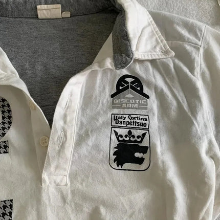 Y2K Japanese Streetwear Polo Shirt Women Slim Crop Tee 2025 White Short Sleeve Tops Letter Badge Houndstooth Vintage Harajuku