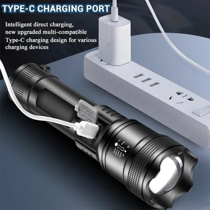 High Power LED Flashlight Long Range Tactical Torch Telescopic Zoom USB Rechargeable Portable Lamp For Outdoor Emergency Fishing
