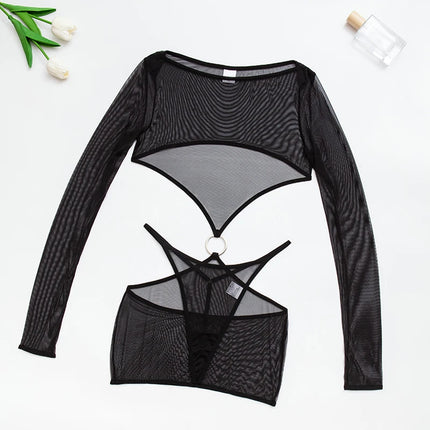 Sexy Lingerie Set Transparent Sheer Mesh Babydoll Erotic Nightwear Women Cutout Waist Lace Underwear Women's Sexy Nightie