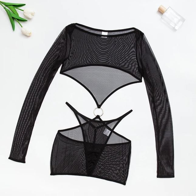 Sexy Lingerie Set Transparent Sheer Mesh Babydoll Erotic Nightwear Women Cutout Waist Lace Underwear Women's Sexy Nightie
