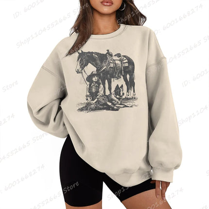 Women Oversized Sweatshirt, Cowgirls Horse & Dog Print Crew Neck Sweatshirts Casual Long Sleeve Plus Size Hoodless Pullovers