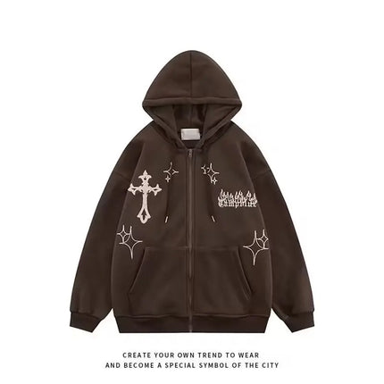 American Style Hoodie Sweatshirt Unisex Casual Cross Design Spring Autumn Streetwear Hip Hop Open Cardigan Street Fashion Out...
