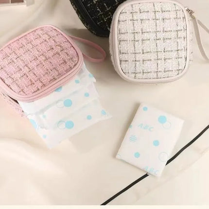 Women Makeup Pouch TikTok Viral Organizer Bag, Tweed Fabric Cosmetic Case with Long Handle for Travel Toiletries Sanitary Pads